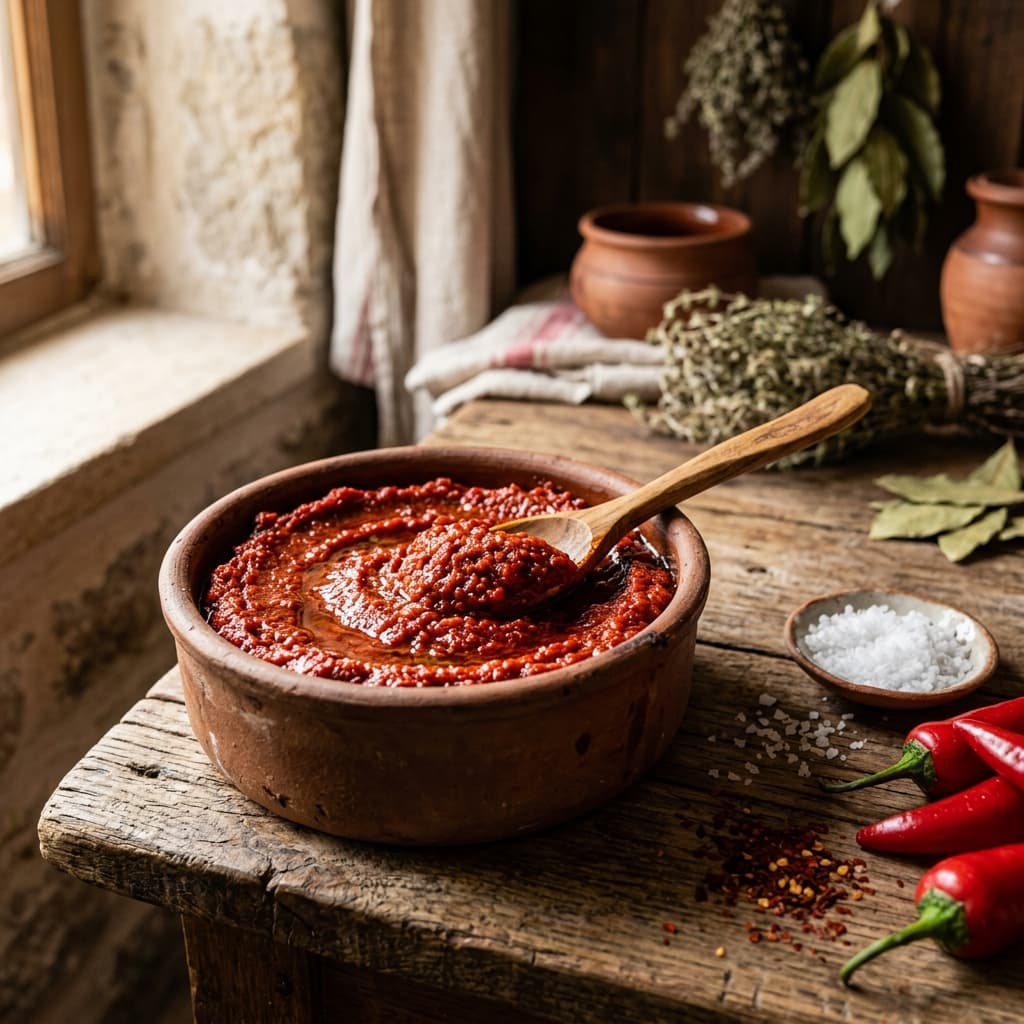 Odun Ateşinde Acı Köy Biber Salçası